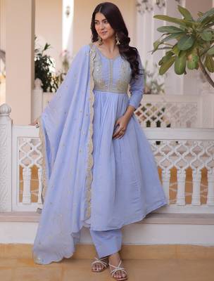Awesome Sky Blue Bead Embroidered Chanderi Event Wear Salwar Kameez 3