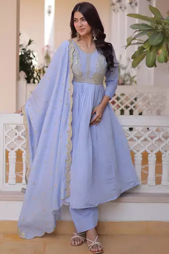 Awesome Sky Blue Bead Embroidered Chanderi Event Wear Salwar Kameez