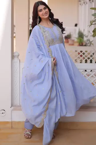 Awesome Sky Blue Bead Embroidered Chanderi Event Wear Salwar Kameez
