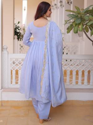 Awesome Sky Blue Bead Embroidered Chanderi Event Wear Salwar Kameez 5
