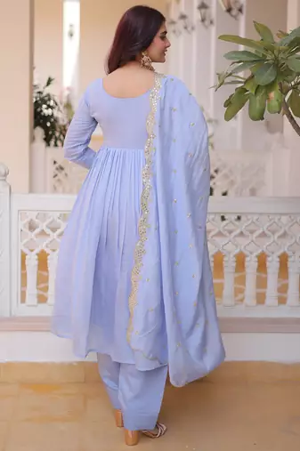 Awesome Sky Blue Bead Embroidered Chanderi Event Wear Salwar Kameez