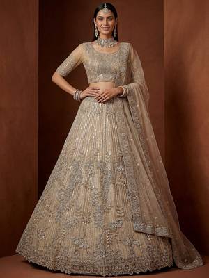beige sequins net sangeet wear lehenga choli with dupatta 1