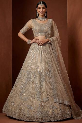 Noteworthy Beige Sequins Net Sangeet Wear Lehenga Choli With Dupatta
