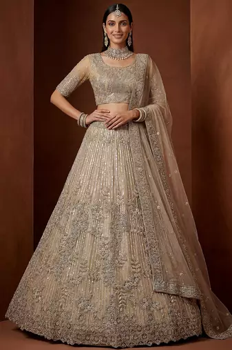 Noteworthy Beige Sequins Net Sangeet Wear Lehenga Choli With Dupatta