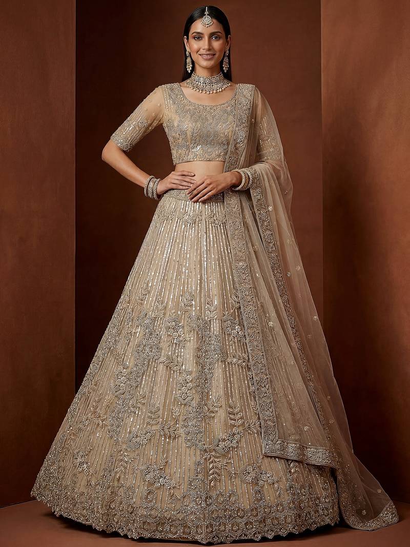 Noteworthy Beige Sequins Net Sangeet Wear Lehenga Choli With Dupatta
