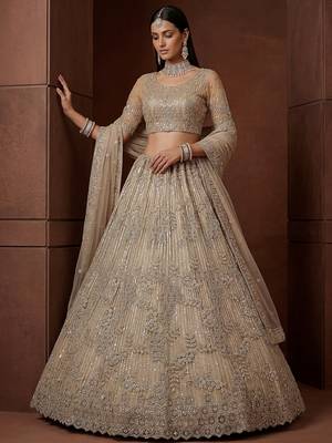 beige sequins net sangeet wear lehenga choli with dupatta 2