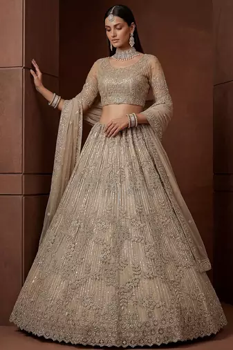 beige sequins net sangeet wear lehenga choli with dupatta