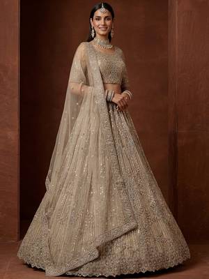 beige sequins net sangeet wear lehenga choli with dupatta 3
