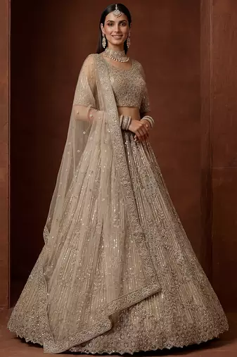 beige sequins net sangeet wear lehenga choli with dupatta