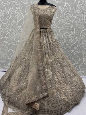 beige sequins net sangeet wear lehenga choli with dupatta 5