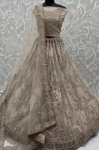 beige sequins net sangeet wear lehenga choli with dupatta