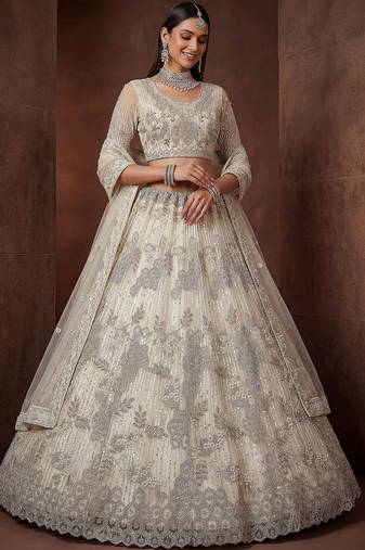 Sparkling Cream Zari Work Net Reception Wear Lehenga Choli With Dupatta