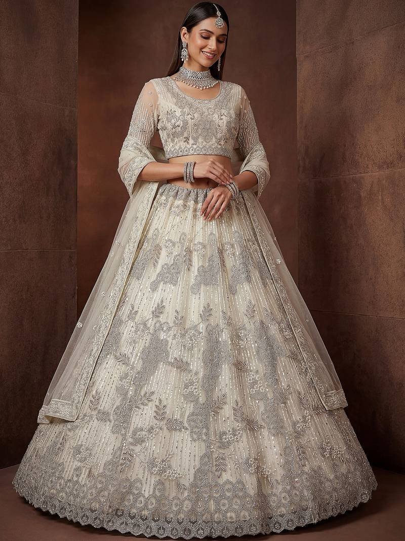 Sparkling Cream Zari Work Net Reception Wear Lehenga Choli With Dupatta