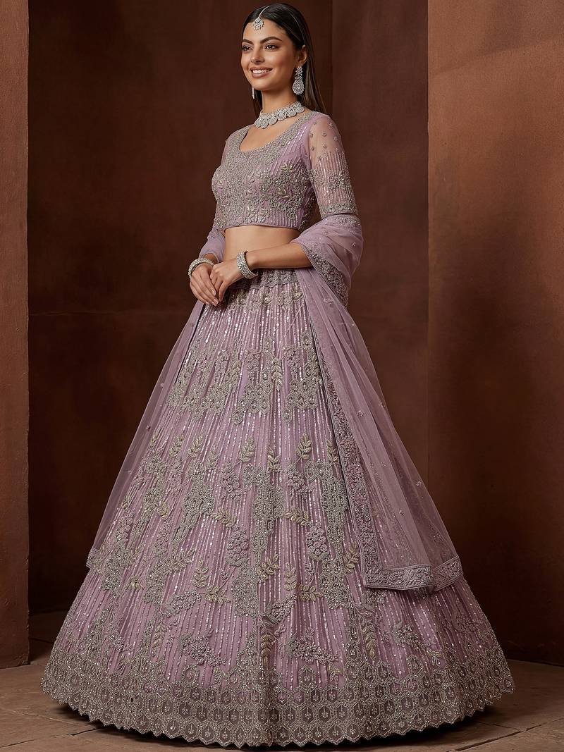 Breathtaking Lavender Zircon Work Net Bridesmaid Lehenga With Blouse