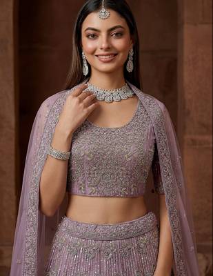 lavender zircon work net bridesmaid lehenga with blouse 4