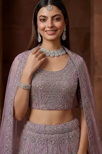 lavender zircon work net bridesmaid lehenga with blouse