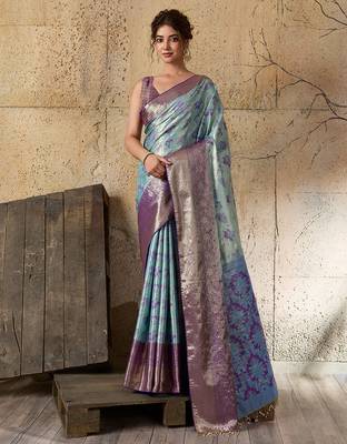 sky blue silk blend saree with rich zari woven border with blouse piece 1