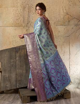 sky blue silk blend saree with rich zari woven border with blouse piece 3