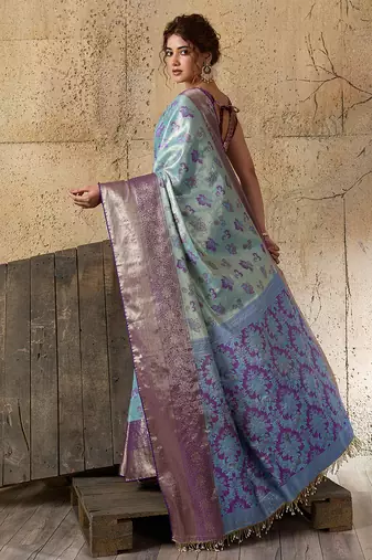 sky blue silk blend saree with rich zari woven border with blouse piece