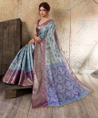 sky blue silk blend saree with rich zari woven border with blouse piece 4