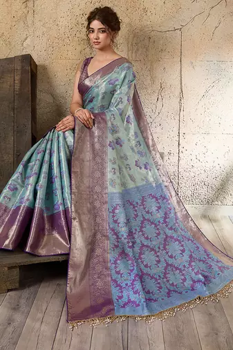 sky blue silk blend saree with rich zari woven border with blouse piece