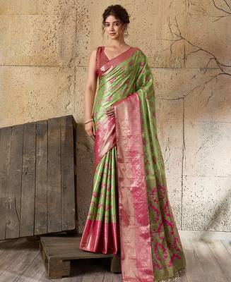 green silk blend saree with rich zari woven border with blouse piece 1