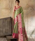 green silk blend saree with rich zari woven border with blouse piece