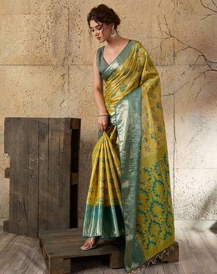 lemon yellow silk blend saree with rich zari woven border with blouse piece 2