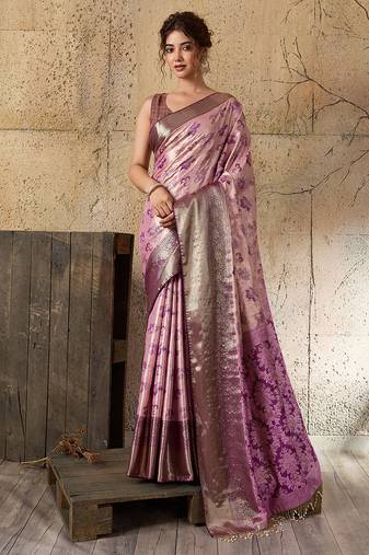 Women's lavender silk blend saree with rich zari woven design and traditional border with unstiched blouse piece