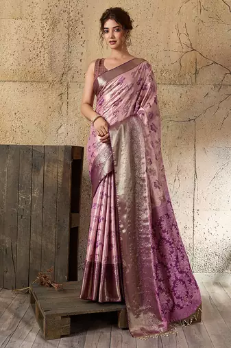 Women's lavender silk blend saree with rich zari woven design and traditional border with unstiched blouse piece