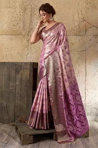 lavender silk blend saree with rich zari woven border with blouse piece