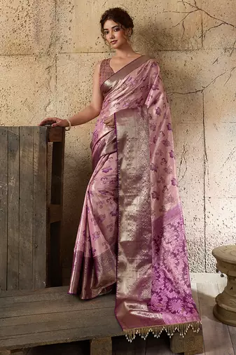 lavender silk blend saree with rich zari woven border with blouse piece