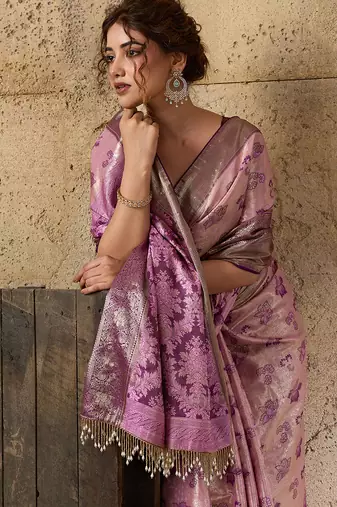 lavender silk blend saree with rich zari woven border with blouse piece