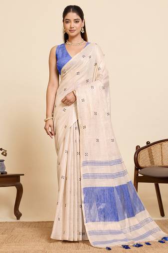Women's elegant blue linen blend saree with unstiched blouse piece