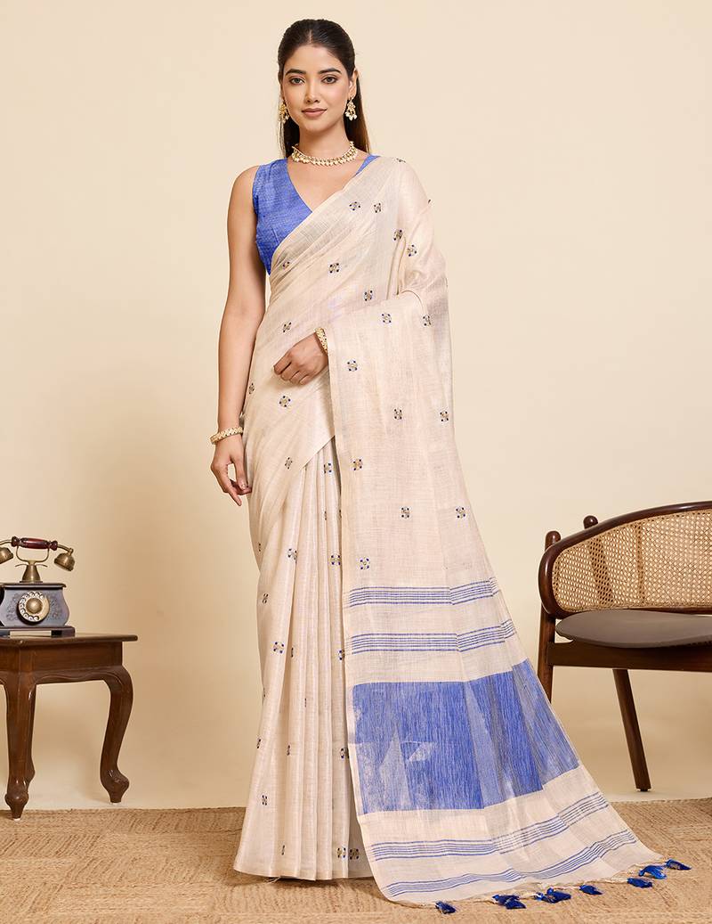 Women's elegant blue linen blend saree with unstiched blouse piece