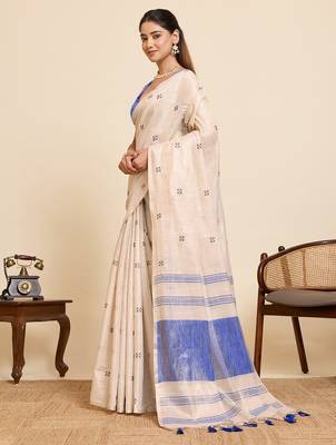 blue linen blend saree with blouse piece 2