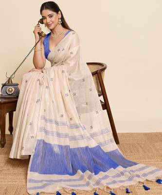  blue linen blend saree with blouse piece 4