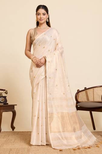 Women's elegant gold linen blend saree with unstiched blouse piece