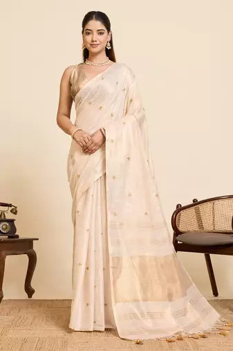 Women's elegant gold linen blend saree with unstiched blouse piece