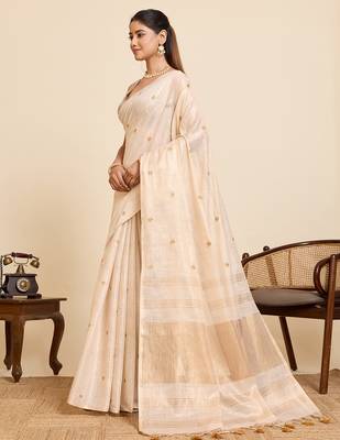  gold linen blend saree with blouse piece 2