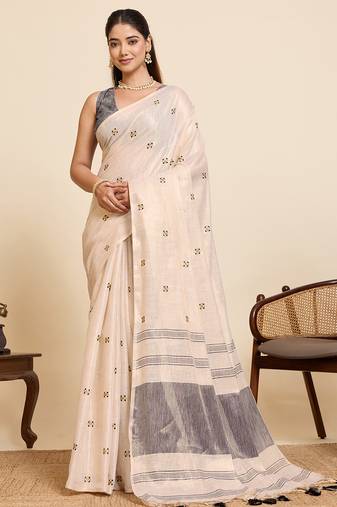 Women's elegant grey linen blend saree with unstiched blouse piece
