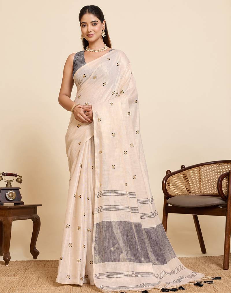 Women's elegant grey linen blend saree with unstiched blouse piece