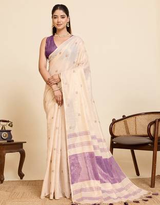  purple linen blend saree with blouse piece 1
