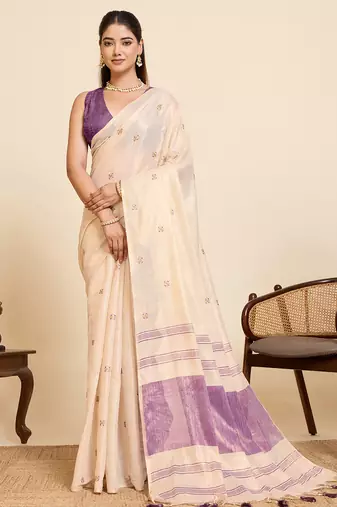Women's elegant purple linen blend saree with unstiched blouse piece