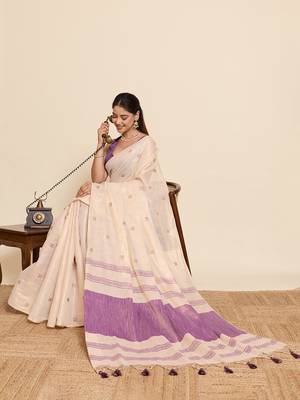  purple linen blend saree with blouse piece 4