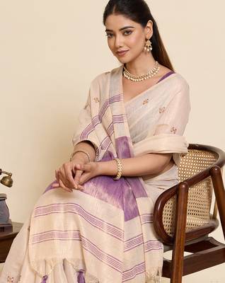  purple linen blend saree with blouse piece 5