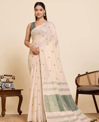  light green linen blend saree with blouse piece 1