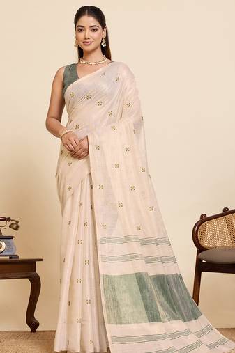 Women's elegant light green linen blend saree with unstiched blouse piece