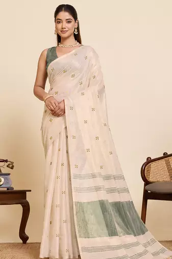 Women's elegant light green linen blend saree with unstiched blouse piece