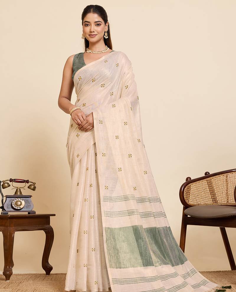 Women's elegant light green linen blend saree with unstiched blouse piece